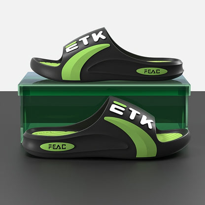 ETK Stylish Summer Slides - Comfortable Non-Slip, Odor-Resistant PVC Slippers for Beach, Pool & Outdoor Wear, Black & Green with White Strap, Trendy Sporty Design for All-Day Comfort, Poolside Slippers | Modern Casual Wear |