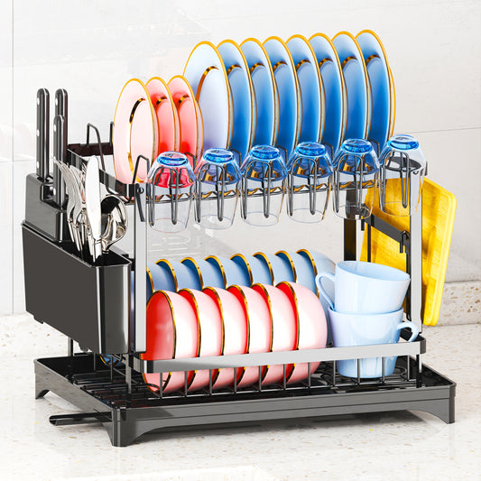 Dish Rack, 2 Tier Utensil Holder, Rustproof Kitchen Dish Drying Rack With Drainboard And Utensil Holder For Kitchen Countertop, Kitchen Accessories