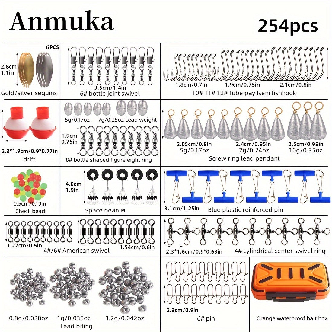 ANMUKA 255pcs Fishing Tackle Kit with Waterproof Storage Box - Includes Hooks, Lure Pliers, Lead Sinkers, Floats & More - Perfect Gift for Anglers, Transfer Ring, Various Lure Tools