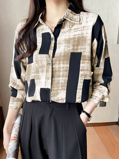 Chic Floral Print Long Sleeve Shirt for Women - Casual Collared Top with Button Detail, Machine Washable - Perfect for Spring & Fall, Loose Slimming, Square Print