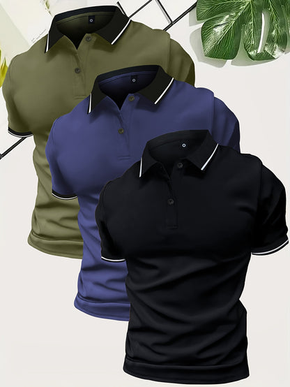 3Pcs Breathable Men's Golf Shirt, Regular Fit V-Neck Short Sleeve Casual T-Shirt for Summer