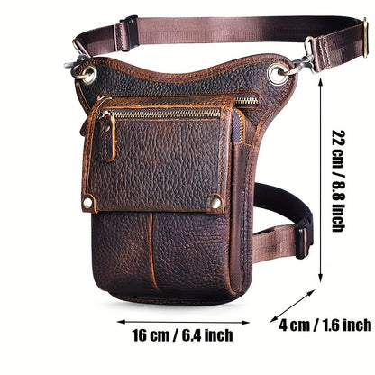 Men's Genuine Leather Vintage Sling Bag - Casual Classic Brown Travel Fanny Pack with Multiple Zippered Pockets & Adjustable Strap