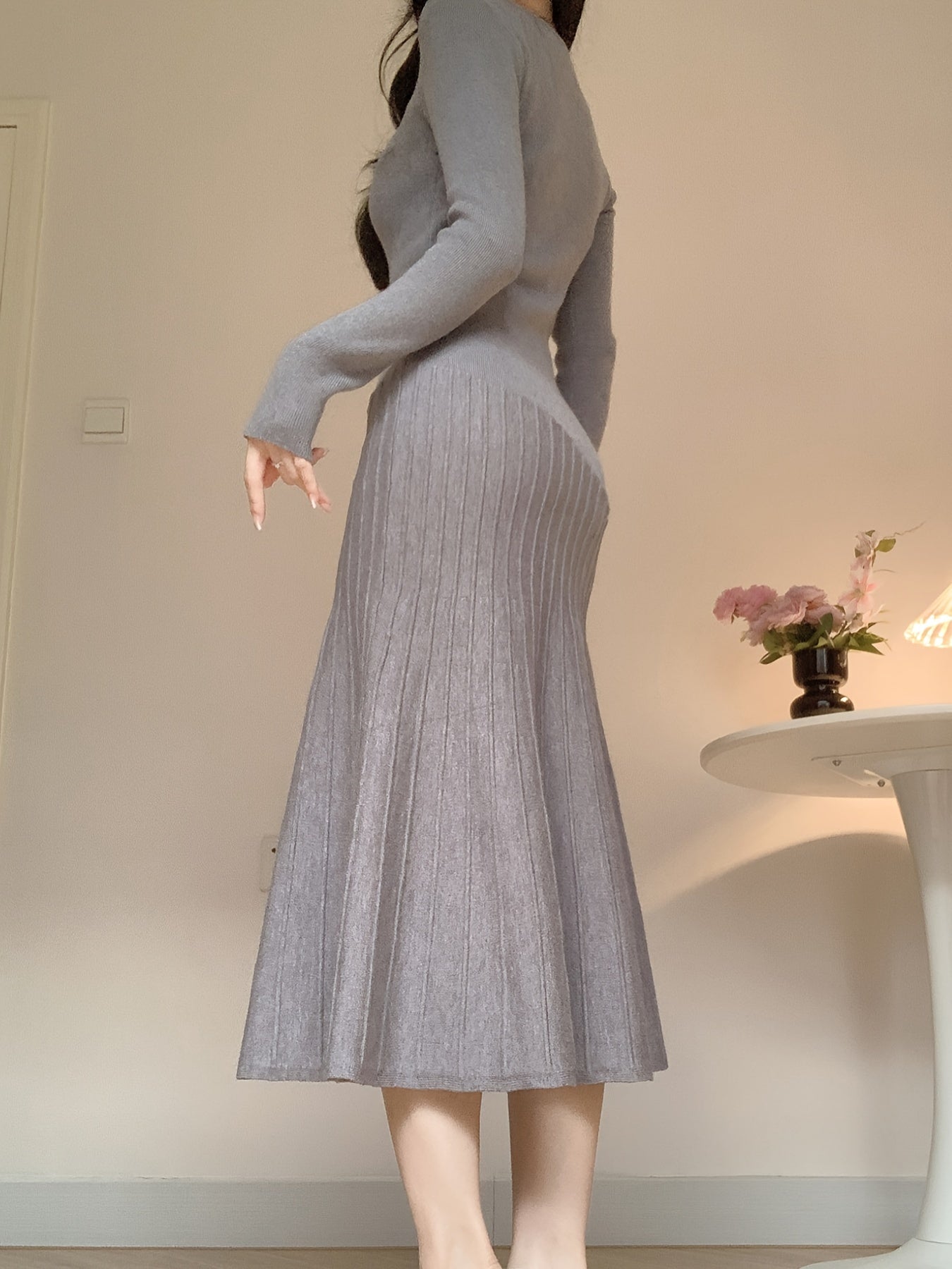 Long Sleeve V-Neck Knit Dress, Polyester, Polyamide, Viscose Blend, Middle Eastern Style, Autumn/Winter, Floor-Length, A-Line, Hand Wash Or Dry Clean