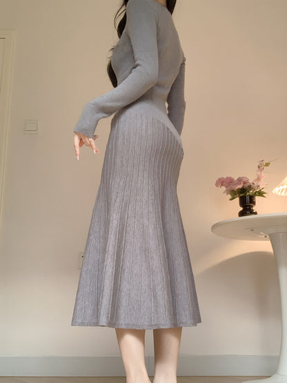 Long Sleeve V-Neck Knit Dress, Polyester, Polyamide, Viscose Blend, Middle Eastern Style, Autumn/Winter, Floor-Length, A-Line, Hand Wash Or Dry Clean