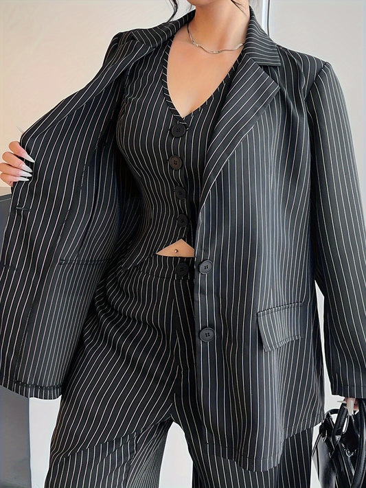 Large Size Women's Striped Long Sleeve Suit Jacket with V-Neck Vest and Trousers, Three-Piece Suit for Commuting and Parties