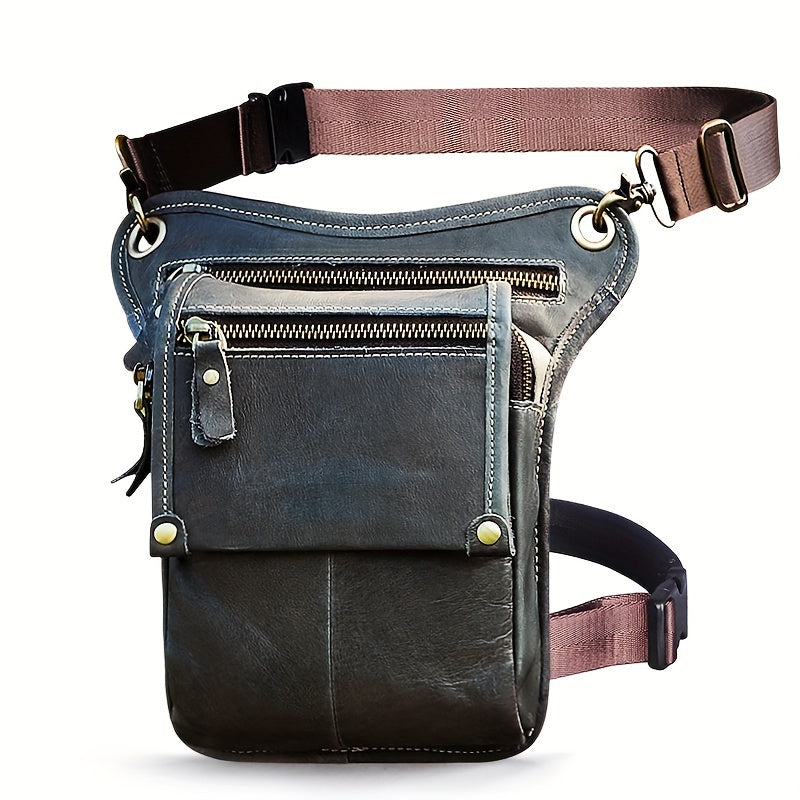 Men's Genuine Leather Vintage Sling Bag - Casual Classic Brown Travel Fanny Pack with Multiple Zippered Pockets & Adjustable Strap