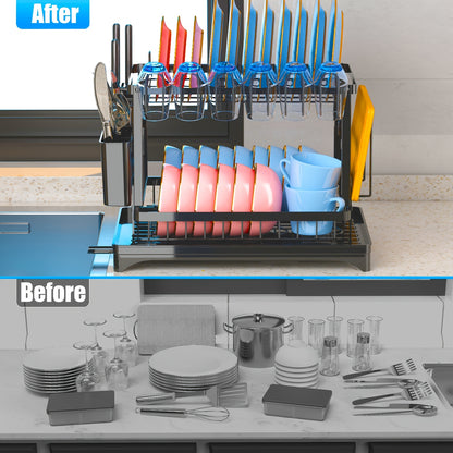 Dish Rack, 2 Tier Utensil Holder, Rustproof Kitchen Dish Drying Rack With Drainboard And Utensil Holder For Kitchen Countertop, Kitchen Accessories