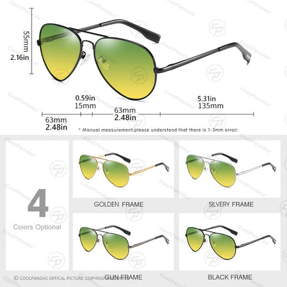 Stylish Pilot Glasses with Polarized And Photochromic Lenses for Driving Both Day And Night.