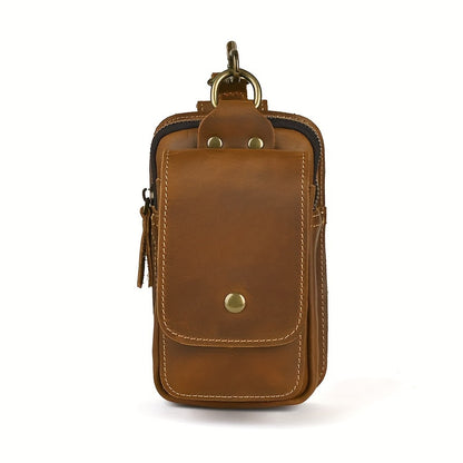 Men's Vintage Crazy Horse Leather Waist Pack, Casual Genuine Top Layer Cowhide Belt Pouch, Daily Commute Multi-Functional 7" Mobile Phone Holder with No Print