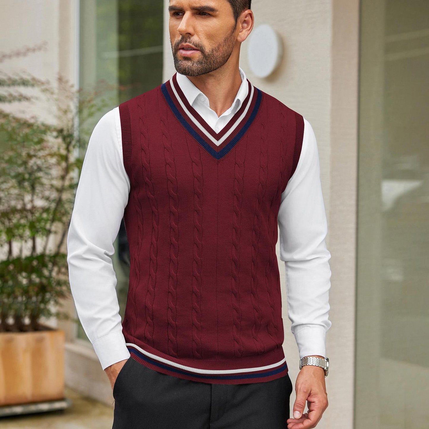 Men's Casual V-Neck Sweater Vest - Striped Cable Knit, Sleeveless Pullover for Spring/Fall