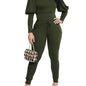 3370 Women's Two-Piece Set with Fluffy Sleeve Top and Jogging Pants, Fashionable Sporty Outfit