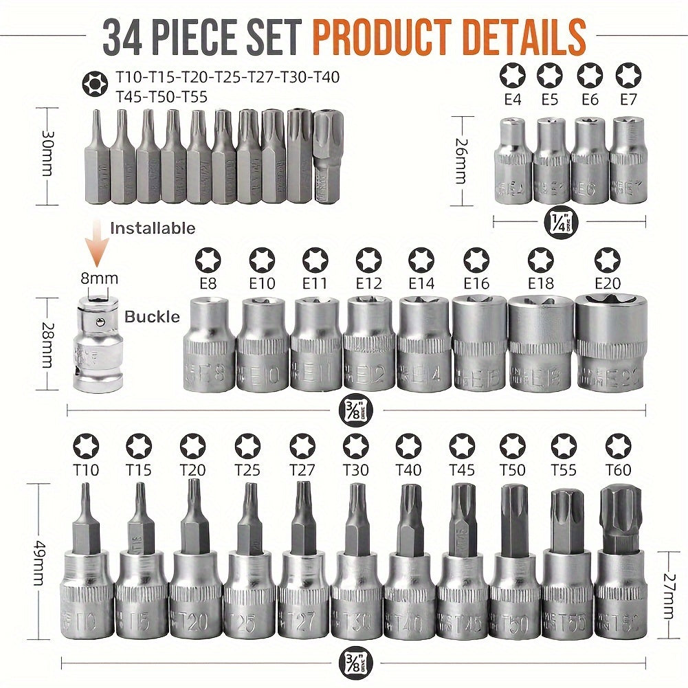 34-Piece E-Torx Star Socket Set - Durable Chrome Vanadium Steel Sockets, Multiple Specifications, Secure Grip - Versatile Tools for Various Applications