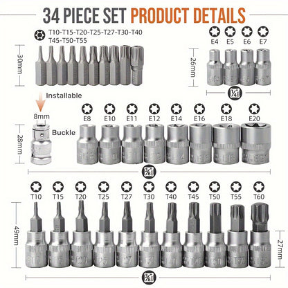 34-Piece E-Torx Star Socket Set - Durable Chrome Vanadium Steel Sockets, Multiple Specifications, Secure Grip - Versatile Tools for Various Applications