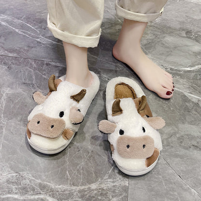 Fuzzy Cute Cow Slippers For Women Winter Warm Cozy Animal Fluffy Kawaii House Slippers Cute Slippers