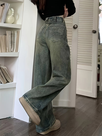 Retro Style Distressed Washed Plain Loose Fit Wide Leg Washed Blue Casual Style Zipper Button Closure Denim Pants, Women's Denim Jeans & Clothing