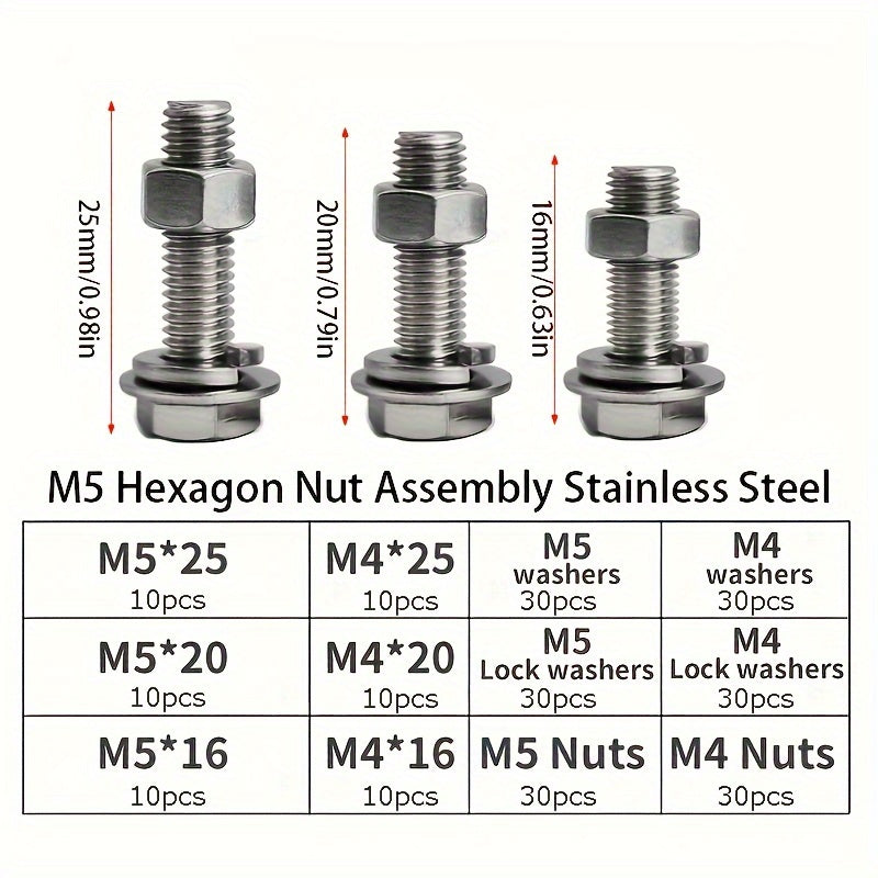 [Customer Favorite] 240pcs Stainless Steel Hex Bolt & Nut Set - Durable, Corrosion-Resistant with M4/M5 Sizes, Washers Included for Versatile Use