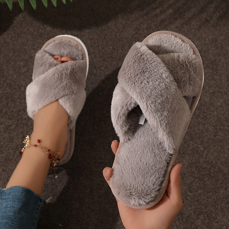 Cozy Crisscross Band Plush Indoor Slippers, Soft Sole Fuzzy Shoes, Non Slip Home Floor Slippers with Leopard Print