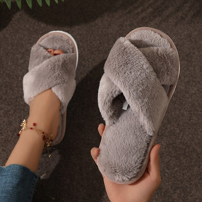 Cozy Crisscross Band Plush Indoor Slippers, Soft Sole Fuzzy Shoes, Non Slip Home Floor Slippers with Leopard Print