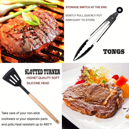 Kitchen Utensils Set- 46 pcs Cooking Utensils with Tongs, Spoon, Meat Chopper, Spatula & Opener Made of Heat-Resistant Food Grade Silicone and Wooden Handles Kitchen Gadgets Tools Set for Nonstick Cookware, With hooks