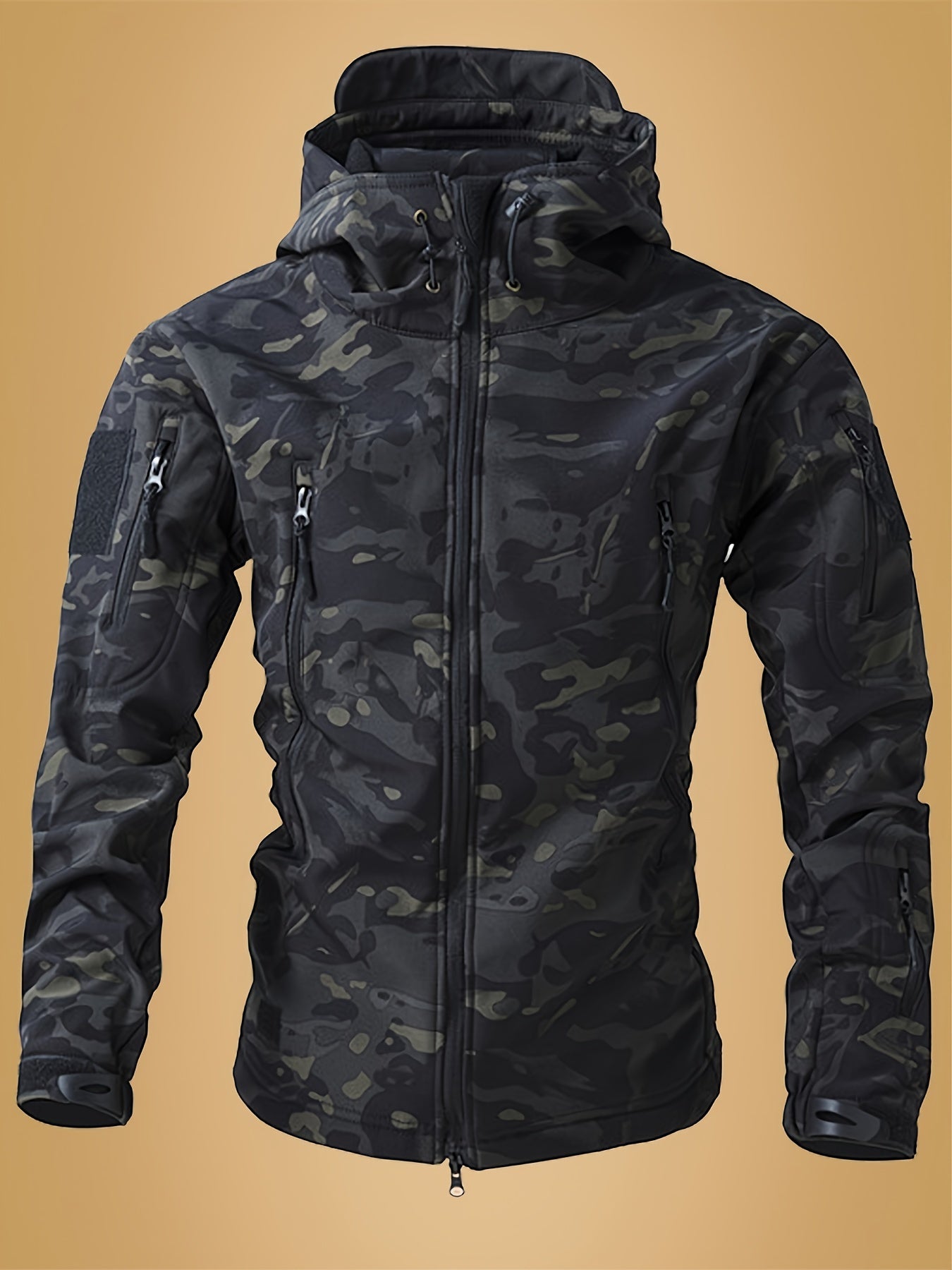 Men's Camouflage Print Softshell Jacket, Multi-Pocket Hooded Coat, Windproof Outdoor Jacket For Hiking And Camping