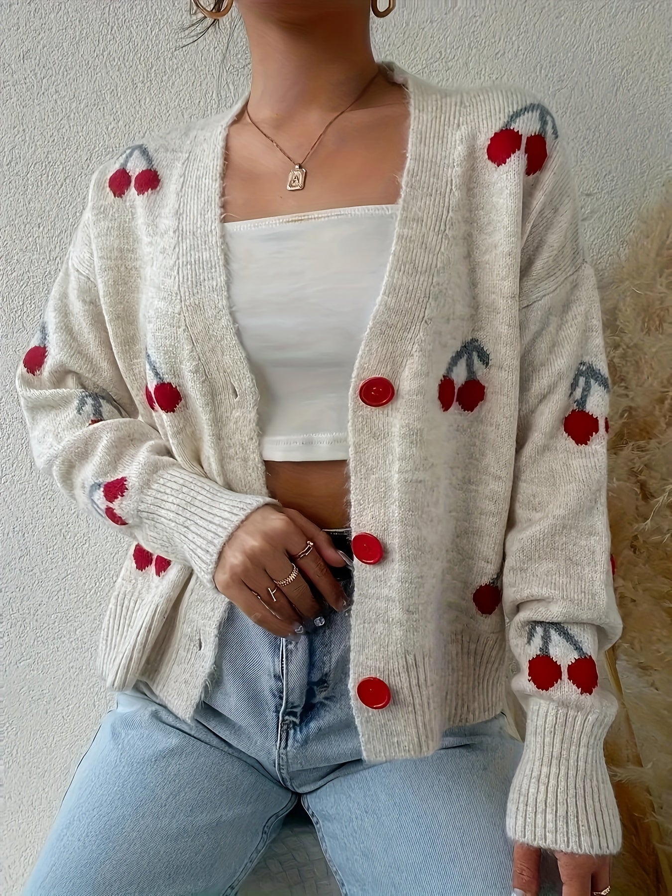 Elegant Cherry-Embellished V-Neck Cardigan - Cozy Knit Sweater for Women, Perfect for Fall/Winter