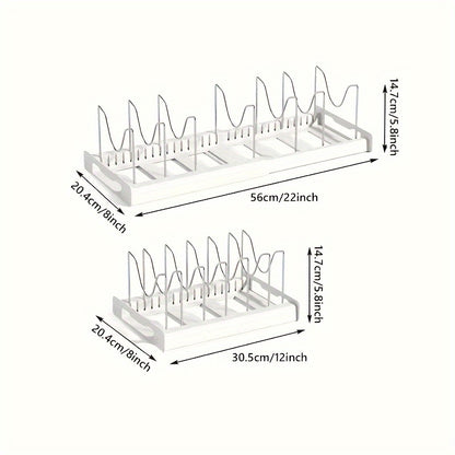 Pots And Pans Organizer, Adjustable Bakeware Organizer Pot Lid Holder Rack, Expandable Kitchen Organizer Rack Holder With Dividers - Under Cabinet Storage For Pots, Pans, Lids, Bakeware (White)