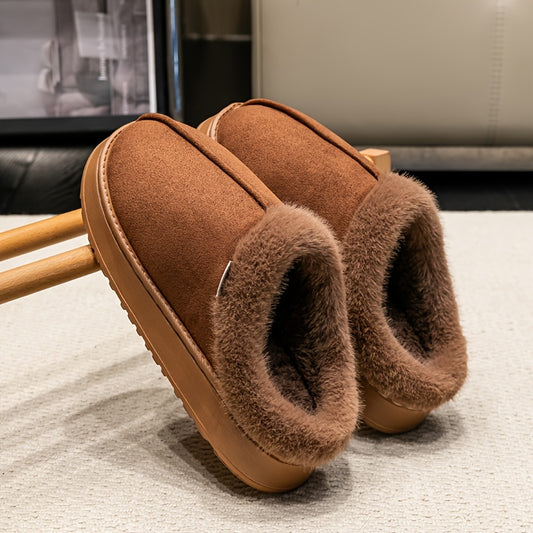Cozy Plush Winter Slippers - Elegant Black with Cream Fur Trim, Thick Cushioned EVA Sole, Non-Slip, Hand Washable Indoor Shoes, Indoor Slippers