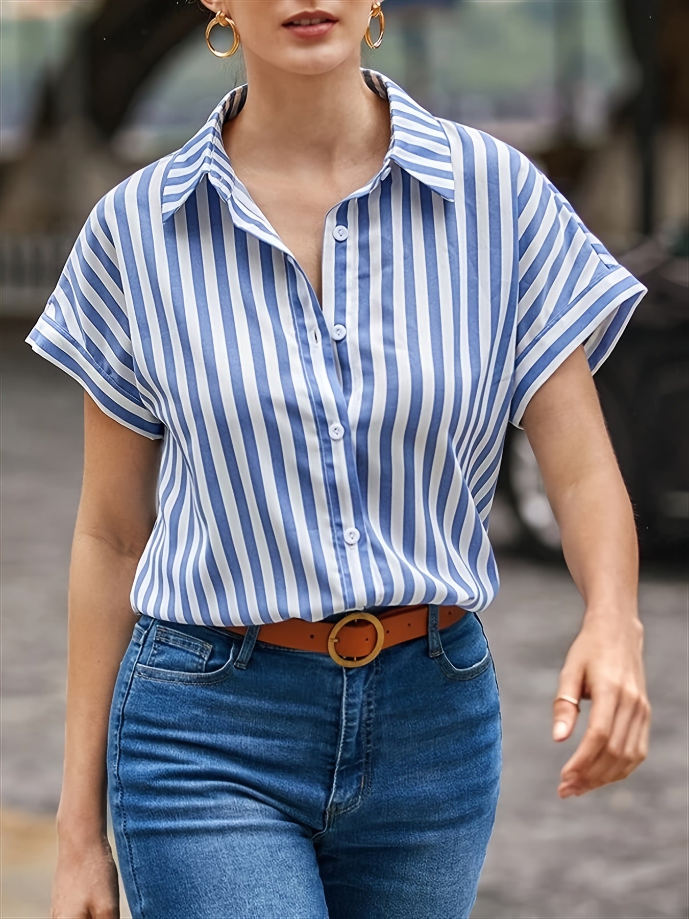 Chic Striped Button-Up Shirt - Breathable Short Sleeve Design for Trendy Summer Style, Women’s Fashion Wear