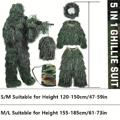 5-in-1 Ghillie Suit Pro - Blinds for Jungle Hunting, CS, Bird Watching, and Halloween Costume Prop - Ultimate Camouflage Clothing for Concealment and Versatility