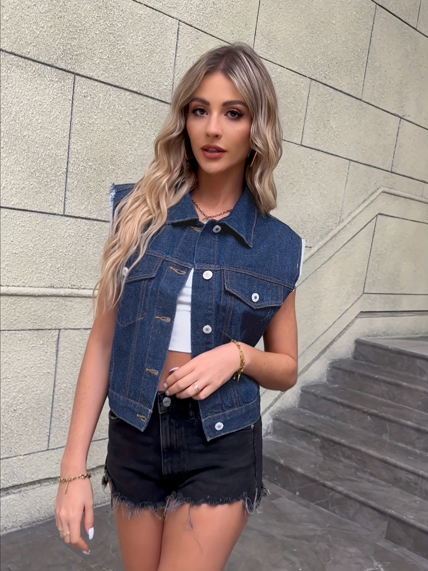 Blue Sleeveless Versatile Denim Jackets, Single-Breasted Button Flap Pockets Lapel Denim Vest, Women's Denim Clothing