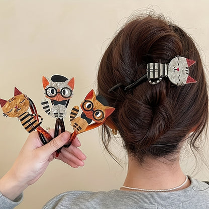 4pcs Cute Cartoon Cat Acrylic Hair Clips - Colorful Animal Print, Sweet Style Twist Barrettes for Women & Girls - Perfect Gift for Christmas, New Year, Valentine's Day