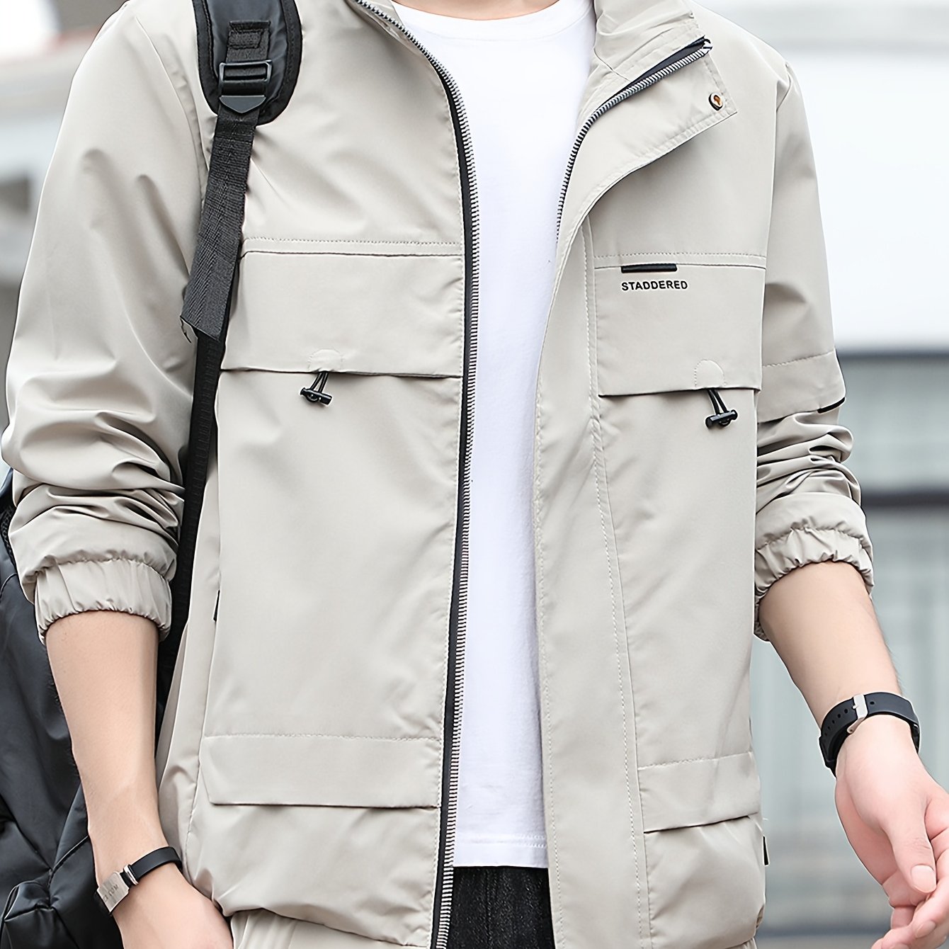 Home Relaxation| Men's Iron Wood OBM Cargo Jacket - Beige Long Sleeve, Stand Collar, Durable Polyester Blend, Zip-Up Outdoor Coat with Multiple Pockets for Casual & Outdoor Wear in Fall/Winter