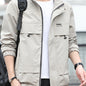 Home Relaxation| Men's Iron Wood OBM Cargo Jacket - Beige Long Sleeve, Stand Collar, Durable Polyester Blend, Zip-Up Outdoor Coat with Multiple Pockets for Casual & Outdoor Wear in Fall/Winter