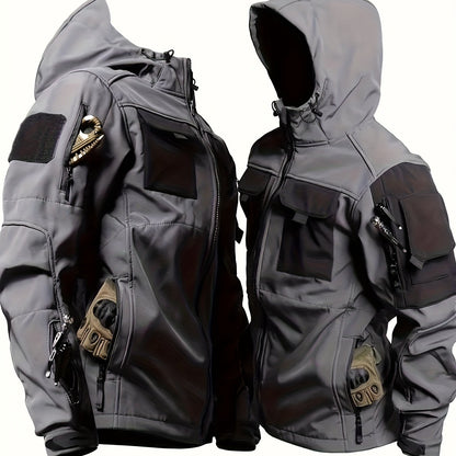 Men's Outdoor Zip Up Softshell Jacket With Pockets, Waterproof, Scratch Resistant And Warm Hooded Jacket For Outdoors
