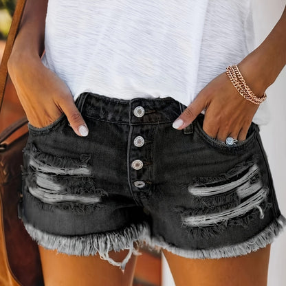 Ladies, Summer Mid-Waist Ripped Stretch Jeans, Shorts, Frayed Burrs, Burrs Hem, Casual Straight-Breasted Denim Shorts