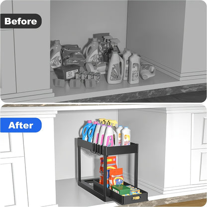 Under Sink Organizer 2 Pack, Kitchen Cabinet Organizer, 2 Tier Sliding Cabinet Basket Organizer Drawer, Multi-Purpose Bath Collection Baskets for Kitchen Under Counter Storage Organizer with 8 Hooks