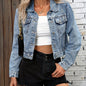 Stylish Cropped Denim Jacket - Single-Breasted, Button Flap Pockets, Long Sleeves, Classic Lapel, Comfortable Women's Denim Clothing for Casual Daily Wear - Blue