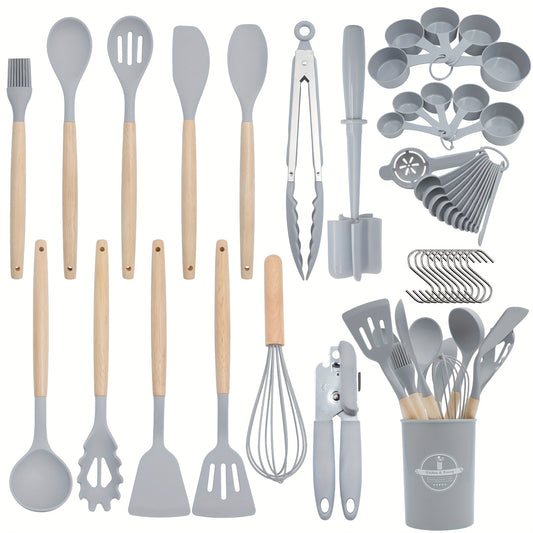 Kitchen Utensils Set- 46 pcs Cooking Utensils with Tongs, Spoon, Meat Chopper, Spatula & Opener Made of Heat-Resistant Food Grade Silicone and Wooden Handles Kitchen Gadgets Tools Set for Nonstick Cookware, With hooks