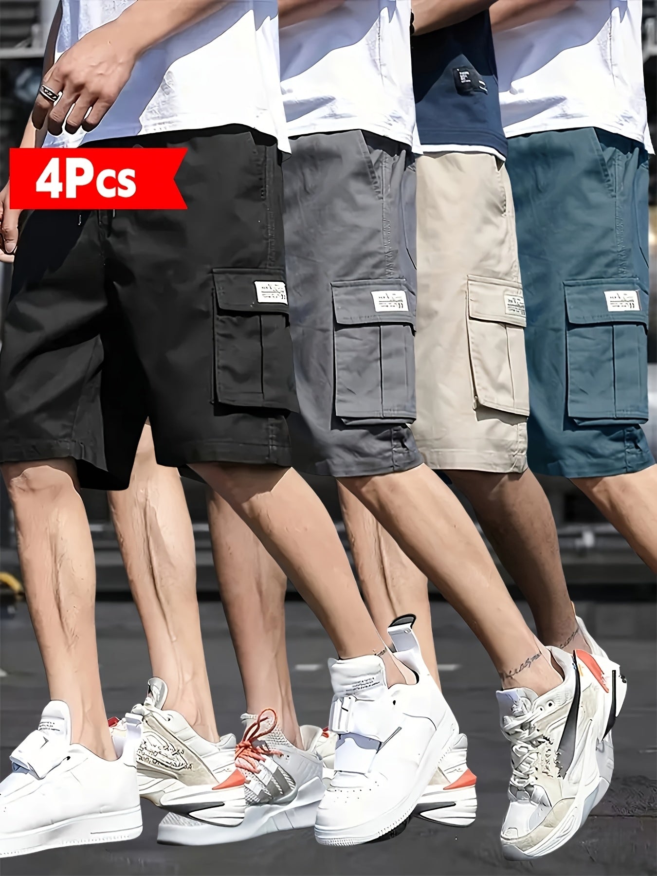 4-Pack Solid Color Men's Casual Cargo Shorts - 100% Polyester, Regular Fit, Non-Stretch Woven Fabric, Drawstring and Multiple Pockets for Daily Wear