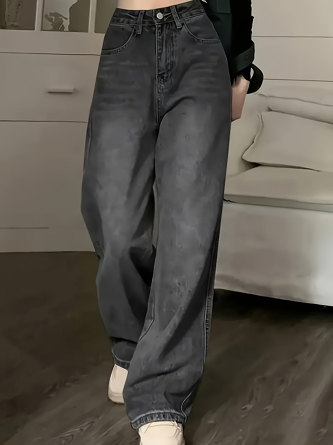 Retro Style Distressed Washed Plain Loose Fit Wide Leg Washed Blue Casual Style Zipper Button Closure Denim Pants, Women's Denim Jeans & Clothing