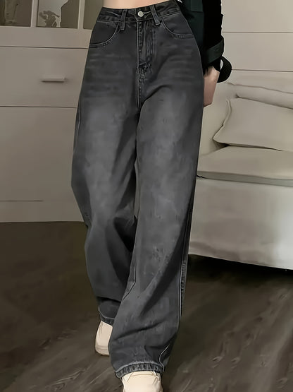 Retro Style Distressed Washed Plain Loose Fit Wide Leg Washed Blue Casual Style Zipper Button Closure Denim Pants, Women's Denim Jeans & Clothing