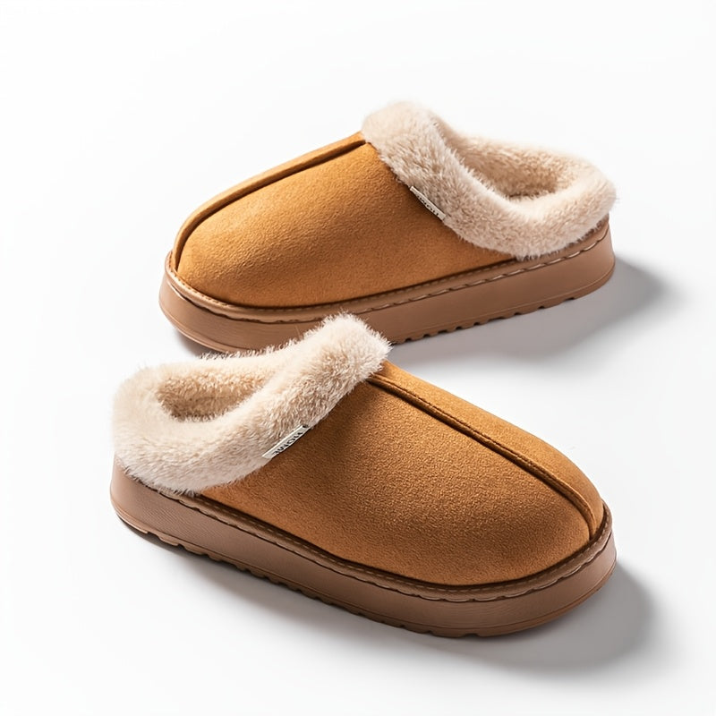 Cozy Plush Winter Slippers - Elegant Black with Cream Fur Trim, Thick Cushioned EVA Sole, Non-Slip, Hand Washable Indoor Shoes, Indoor Slippers