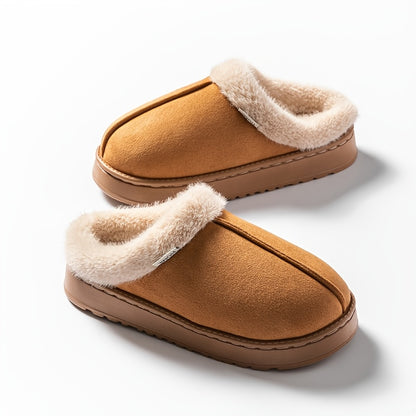 Cozy Plush Winter Slippers - Elegant Black with Cream Fur Trim, Thick Cushioned EVA Sole, Non-Slip, Hand Washable Indoor Shoes, Indoor Slippers