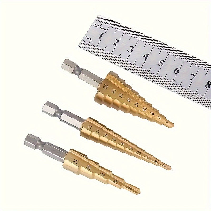 3pcs Titanium-Coated High-Speed Steel Step Drill Bit Set for Wood & Metal - Durable, Multi-Functional & Efficient