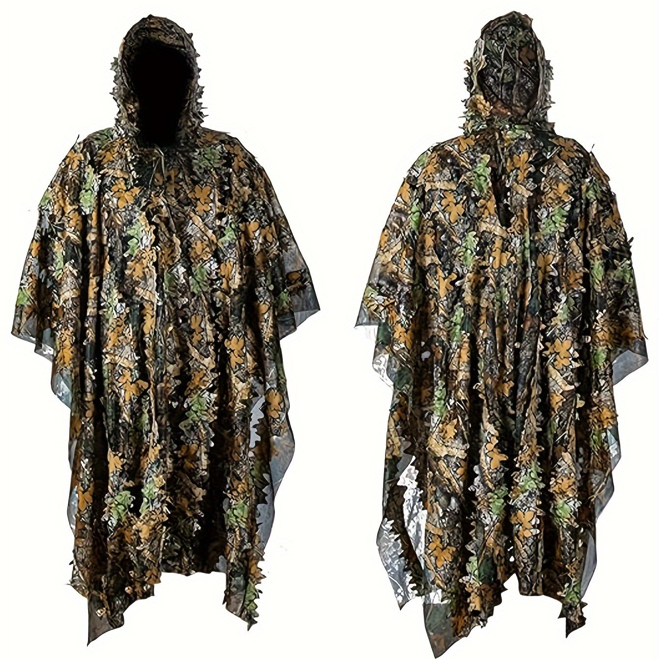 1pc Camo Leaf Pattern Hooded Poncho, 3D Leaf Camouflage Mesh Hooded Army Costume, Polyester 100% Knit Fabric with Slight Stretch, Loose Fit for Outdoor Activities, Hunting, Bird Watching, Survival Games - S-XL