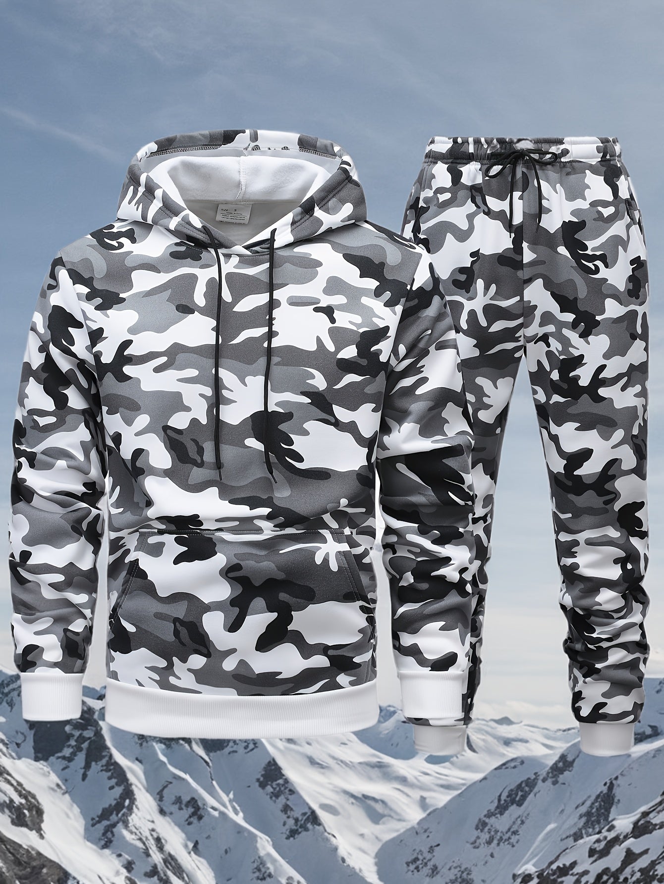Men'S Camo Hooded Sweatshirt and Pants Set, Casual Outdoor Polyester 100% Full Body Suit, Long Sleeve Pullovers with Drawstring, Regular Fit, 3D Printing, Knit Fabric, Slight Stretch, for Hiking, Camping, Hunting, Running, Tr