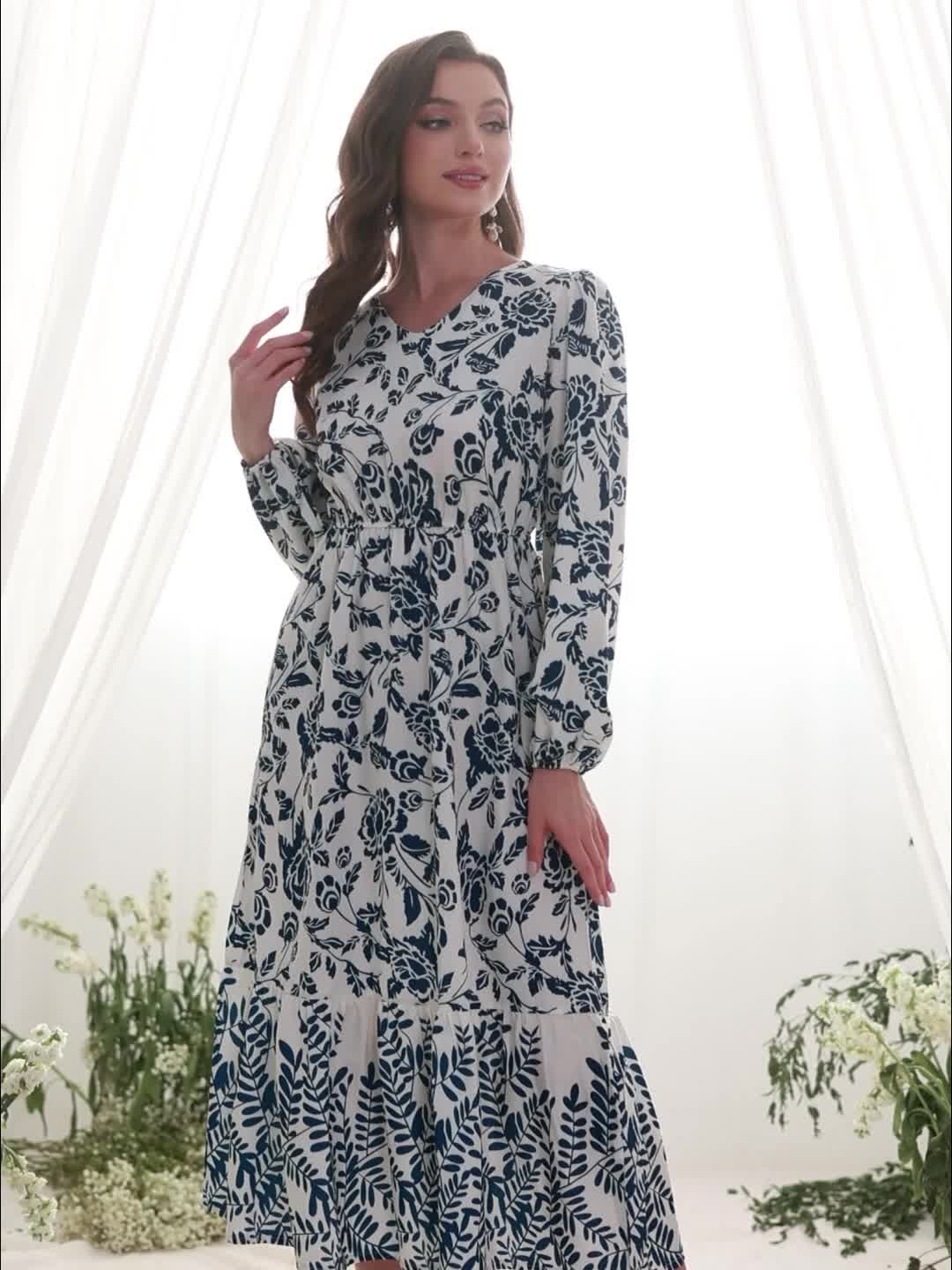 Floral & Leaves Print V-neck Dress, Elegant Elastic Waist Long Sleeve Dress For Spring & Fall, Women's Clothing