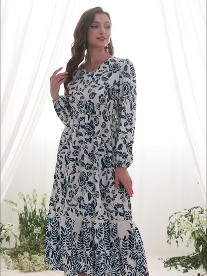 Floral & Leaves Print V-neck Dress, Elegant Elastic Waist Long Sleeve Dress For Spring & Fall, Women's Clothing