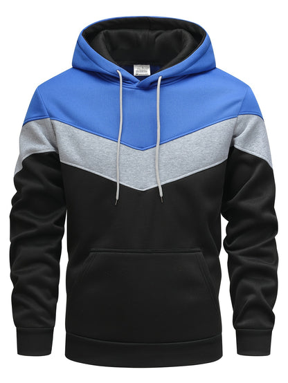 Mens Color Block Hooded Pullover Hoodie - Soft Slight Stretch Polyester Fabric, Long Sleeve, Regular Fit, Contrast Collar, Kangaroo Pocket, Hand Wash Only - Perfect Winter and Fall Streetwear Gift for Him