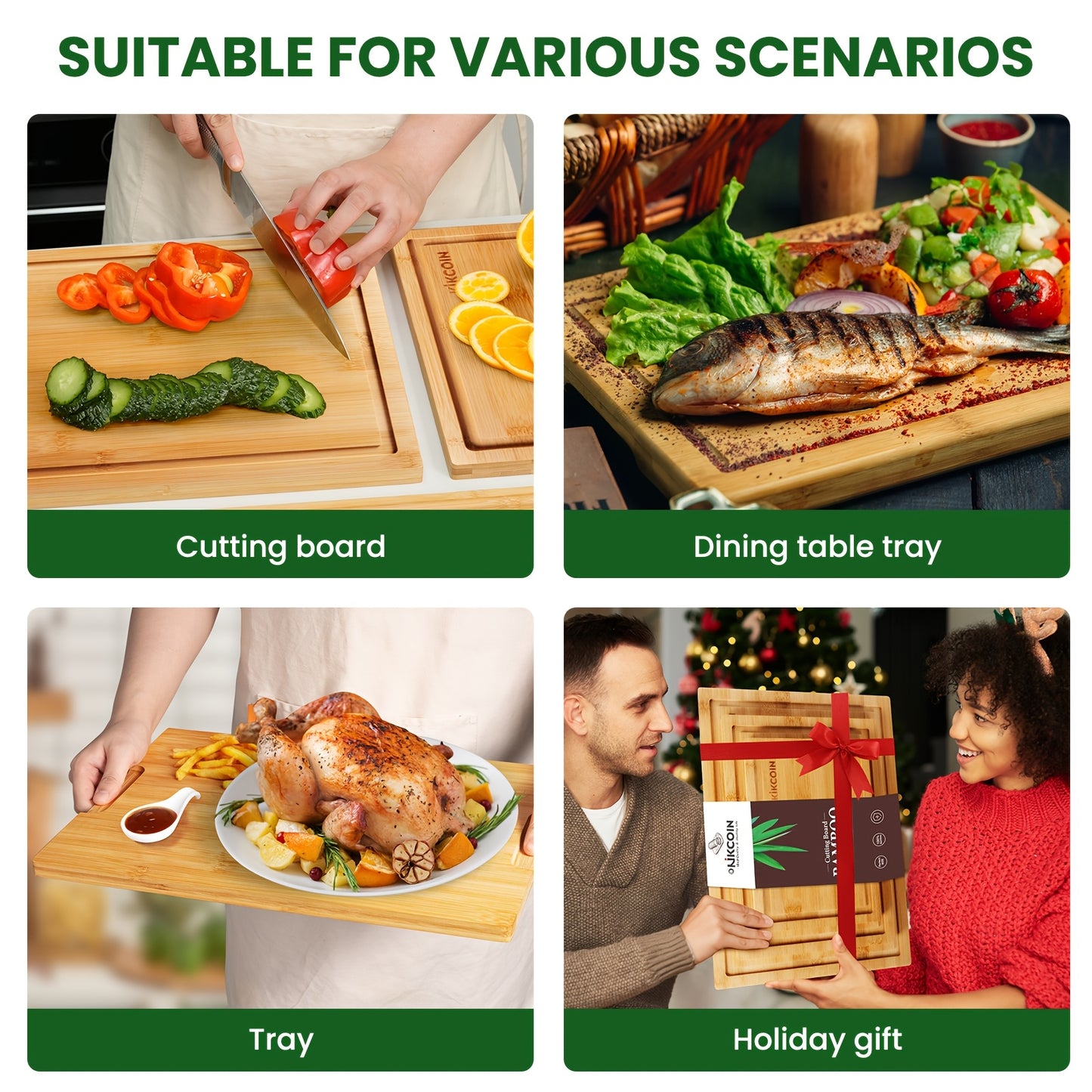 4pcs Oversized Bamboo Cutting Board, Equipped With Cutting Board Rack, Kitchen Gadgets, Juice Groove, Knife Friendly, Invisible Handle, Multifunctional Board, The Best Gift For Family, Friends And Relative. Valentine'S Day, H